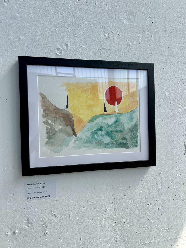 One and a half trees (2025) — Aquarell auf Papier, 22 × 18 cm. Originalgemälde von Leonhard Gürtner, zeitgenössischer Künstler aus Pfaffenhofen.