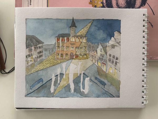 Heimatstadt Pfaffenhofen II. (2025) — Aquarell auf Papier, 22 × 18 cm. Originalgemälde von Leonhard Gürtner, zeitgenössischer Künstler aus Pfaffenhofen.